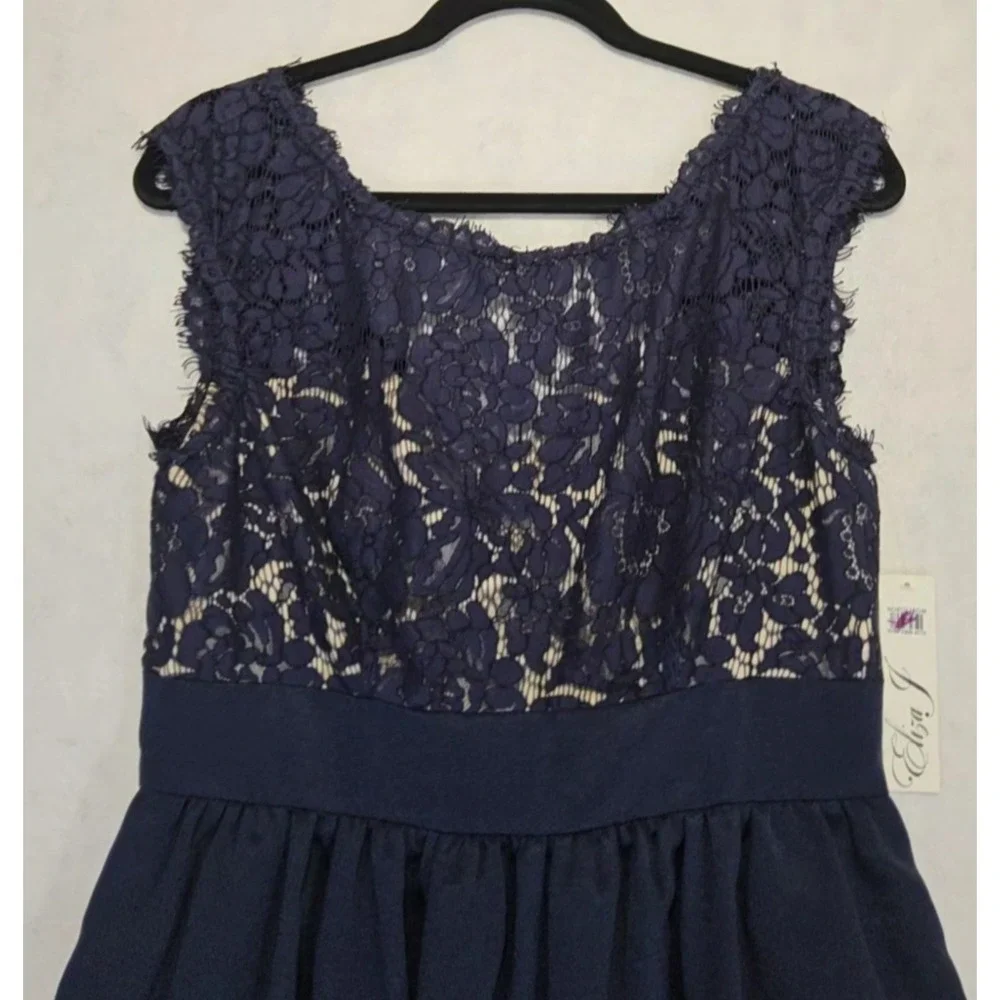 Eliza‎ J Dress 10 Fit & Flare Faille Cocktail Lace NEW Navy Blue A-Line 50s